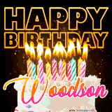 A vibrant animated GIF featuring a delicious birthday cake topped with glowing candles and the name 'Woodson' in elegant script, and the words 'Happy Birthday' on the black background.