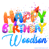 Animated GIF with colorful, festive 'Happy Birthday Woodson' text decorated with patterns, a party hat, and falling confetti. A vibrant and cheerful design for birthday celebrations.