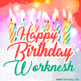Bright birthday candles with rainbow flames on a cake, alongside the text 'Happy Birthday Worknesh' in vibrant script in this celebratory animated GIF.