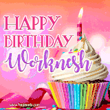 A vibrant birthday GIF featuring a rainbow-colored cupcake topped with white frosting, sprinkles, and a lit candle. The text reads 'Happy Birthday Worknesh' in bold pink and violet letters with white outline.
