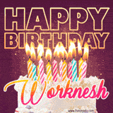 A colorful birthday cake topped with lit candles, with the words 'Happy Birthday Worknesh' in bold glowing letters on a burgundy background. Animated flames add a festive touch.