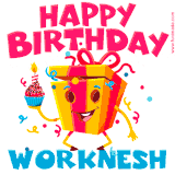 A vibrant and funny gift box character with a happy face dancing with a cupcake and the text 'Happy Birthday Worknesh,' surrounded by animated confetti and party vibes.