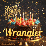 Bold golden lettering spelling Wrangler on a gourmet chocolate cake decorated with small colorful candies at the base.