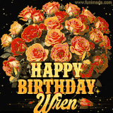 Animated bouquet of orange roses with moving butterfles and golden 'Happy Birthday Wren' text, surrounded by sparkling accents and a dark backdrop for a luxurious feel.