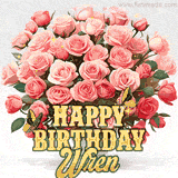 Golden 'Happy Birthday Wren' text beneath a vibrant bouquet of orange roses, complete with glittering butterflies and sparkling details.