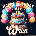 Hand-drawn happy birthday cake adorned with an arch of colorful balloons - name GIF for Wren