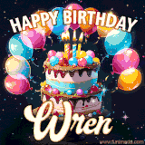 Bright birthday animation for Wren with a chocolate cake, candles, balloons, and glowing celebratory lights.