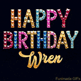 Vibrant luxury birthday greeting card for Wren, showing glittering gemstone letters and golden calligraphy on a dark background with twinkling shine effects.