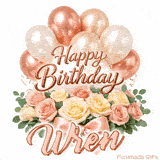 Seamlessly looping Happy Birthday Wren wish with pastel flowers and balloons
