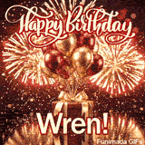 White elegant script spelling Wren across a luxury gift box with a large golden bow.