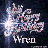 Silver-white name Wren under a diamond cursive Happy Birthday message decorated with a royal queen crown.