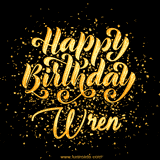 Animated GIF with colorful, festive 'Happy Birthday Wren' text decorated with patterns, a party hat, and falling confetti. A vibrant and cheerful design for birthday celebrations.