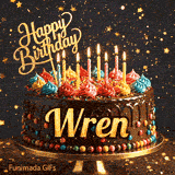 Shimmering animated card featuring a detailed chocolate cake and the name Wren for his birthday celebration.