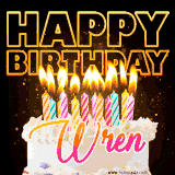 A vibrant animated GIF featuring a delicious birthday cake topped with glowing candles and the name 'Wren' in elegant script, and the words 'Happy Birthday' on the black background.