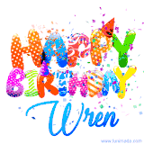 Animated GIF with colorful, festive 'Happy Birthday Wren' text decorated with patterns, a party hat, and falling confetti. A vibrant and cheerful design for birthday celebrations.