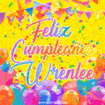 A bright and festive GIF with the text 'Feliz Cumpleaños Wrenlee' in Spanish in colorful fonts, surrounded by confetti, balloons, and festive banners on a vibrant yellow background.