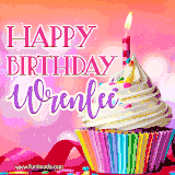 A vibrant birthday GIF featuring a rainbow-colored cupcake topped with white frosting, sprinkles, and a lit candle. The text reads 'Happy Birthday Wrenlee' in bold pink and violet letters with white outline.