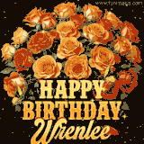 Animated bouquet of orange roses with moving butterfles and golden 'Happy Birthday Wrenlee' text, surrounded by sparkling accents and a dark backdrop for a luxurious feel.