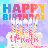 A vibrant animated name GIF with the words 'Happy Birthday Wrenlee' with colorful candles on a creamy cake. The background sparkles with pastel shades, adding a festive touch.