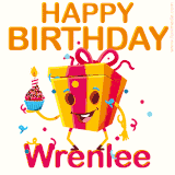 A vibrant and funny gift box character with a happy face dancing with a cupcake and the text 'Happy Birthday Wrenlee,' surrounded by animated confetti and party vibes.