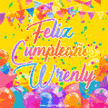 A bright and festive GIF with the text 'Feliz Cumpleaños Wrenly' in Spanish in colorful fonts, surrounded by confetti, balloons, and festive banners on a vibrant yellow background.