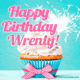 A festive cupcake with pink icing, a gingham bow, and a lit animated sparkler, paired with 'Happy Birthday Wrenly!' in bright pink text.