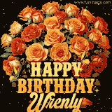 Animated bouquet of orange roses with moving butterfles and golden 'Happy Birthday Wrenly' text, surrounded by sparkling accents and a dark backdrop for a luxurious feel.