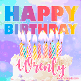 A vibrant animated name GIF with the words 'Happy Birthday Wrenly' with colorful candles on a creamy cake. The background sparkles with pastel shades, adding a festive touch.