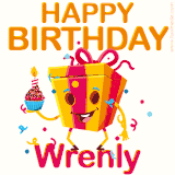 A vibrant and funny gift box character with a happy face dancing with a cupcake and the text 'Happy Birthday Wrenly,' surrounded by animated confetti and party vibes.