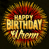 Golden 'Happy Birthday Wrenn' text accompanied by animated rainbow fireworks for a festive animated greeting.