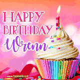 A vibrant birthday GIF featuring a rainbow-colored cupcake topped with white frosting, sprinkles, and a lit candle. The text reads 'Happy Birthday Wrenn' in bold pink and violet letters with white outline.