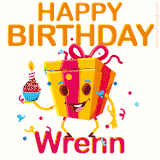 A vibrant and funny gift box character with a happy face dancing with a cupcake and the text 'Happy Birthday Wrenn,' surrounded by animated confetti and party vibes.