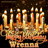 A glowing personalized birthday GIF with name Wrenna featuring lit candles with intricate designs, warm lighting, and the text 'Happy Birthday' in an elegant font.