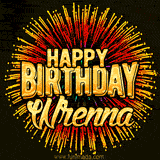Golden 'Happy Birthday Wrenna' text accompanied by animated rainbow fireworks for a festive animated greeting.