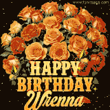 Animated bouquet of orange roses with moving butterfles and golden 'Happy Birthday Wrenna' text, surrounded by sparkling accents and a dark backdrop for a luxurious feel.