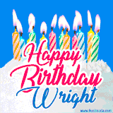 A cheerful animated GIF featuring colorful lit birthday candles on a white cake, with the text 'Happy Birthday Wright' in bold red and blue script on a bright blue background.