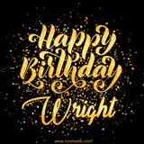 Animated GIF with colorful, festive 'Happy Birthday Wright' text decorated with patterns, a party hat, and falling confetti. A vibrant and cheerful design for birthday celebrations.