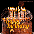 A rich chocolate cake topped with glowing birthday candles and surrounded by bright fireworks. The animated GIF displays the message 'Happy Birthday Wright' in golden text.