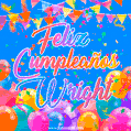 A vibrant animated GIF with 'Feliz Cumpleaños Wright' written in colorful script, surrounded by balloons, confetti, and bunting on a bright blue background.