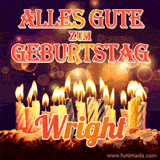 An animated GIF featuring 'Alles Gute Zum Geburtstag Wright' in glowing red and gold letters above a cake with colorful lit candles, set against a festive sparkling background.