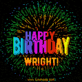 A colorful animated GIF featuring the text 'Happy Birthday Wright!' in rainbow colors with a dynamic iridescent firework display in the background.