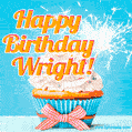 A cheerful animated GIF of a cupcake with creamy frosting, a red checkered ribbon, and a bright sparkler on top. The text 'Happy Birthday Wright!' is displayed in vibrant orange and red.