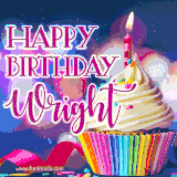 A festive animated GIF featuring a colorful cupcake with a single lit candle, sprinkles, and 'Happy Birthday Wright' text against a sparkling, celebratory background.