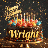 Multi-colored dollops of frosting and burning birthday candles on a chocolate glaze cake, custom-designed for Wright.