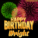 A captivating GIF with bursts of green, pink, and orange fireworks lighting up the night sky, accompanied by 'Happy Birthday Wright' in glowing golden text.
