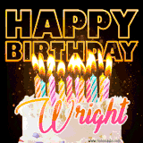 A vibrant animated GIF featuring a delicious birthday cake topped with glowing candles and the name 'Wright' in elegant script, and the words 'Happy Birthday' on the black background.