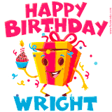 A funny animated birthday GIF with the words 'Happy Birthday Wrighta', colorful gift box with arms and legs, holding a cupcake with a lit candle  with confetti everywhere.