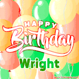 Animated GIF featuring colorful balloons in the background with the cheerful text 'Happy Birthday Wright'.