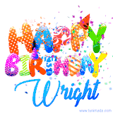 Animated GIF with colorful, festive 'Happy Birthday Wright' text decorated with patterns, a party hat, and falling confetti. A vibrant and cheerful design for birthday celebrations.