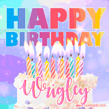 A vibrant animated name GIF with the words 'Happy Birthday Wrigley' with colorful candles on a creamy cake. The background sparkles with pastel shades, adding a festive touch.